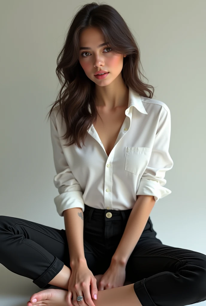 beautiful, masterpiece, best quality, extremely detailed face,  perfect lighting, 1girl, solo,  GiovannaMS, cowboy shot, white shirt, black pants, sitting, spread legs