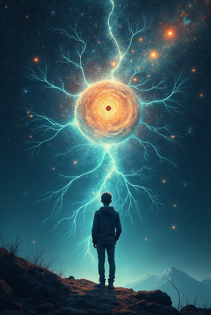 Book cover for a book about neural networks and philosophy! a person against a background of neurons and space! ... abstract.. around Katya's clock