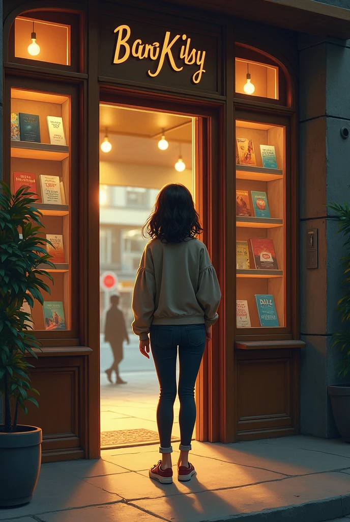 drawing ng babaeng nakaharap sa pinto ng bookstore