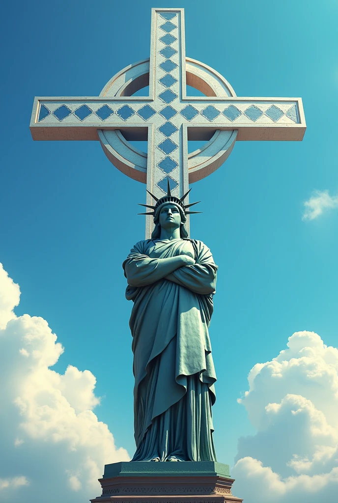 statue of liberty hands crossed on his shoulders and big cross behind him with blue and white diamond