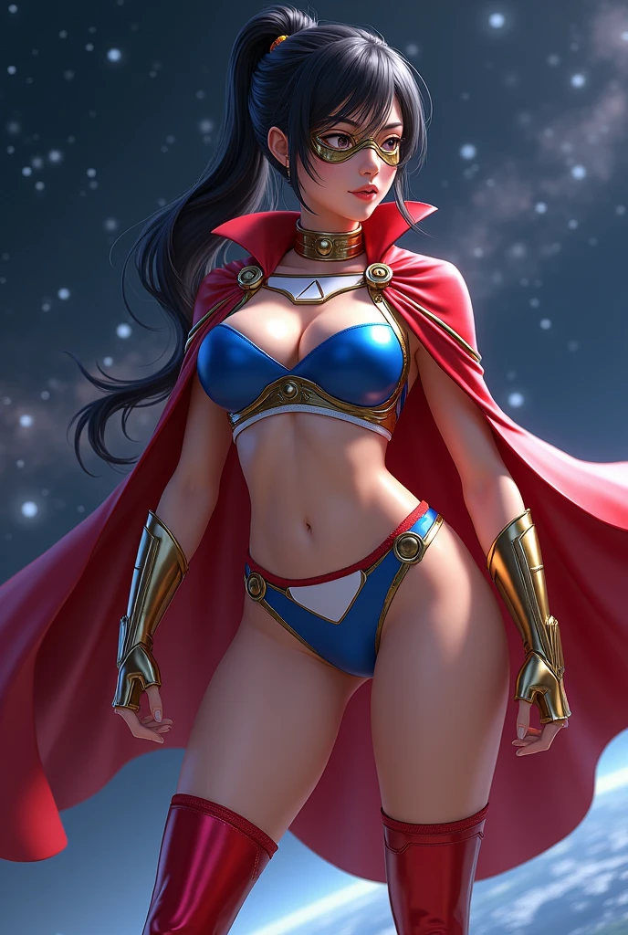 Female, age 25-30, japanese, dark hair, ponytail, fair skin, gymer, full body, busty, costume: red metallic domino mask, red choker, red cape, one-piece sleeveless blue top with white sides, up side down white triangle symbol, O-shape belly cutout, red undies, thighs out, white thigh-high socks, red boots, short blue fingerless gloves, white shooter sleeves, golden bands on wrists and boots, space background