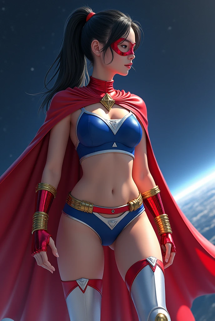 Female, age 25-30, japanese, dark hair, ponytail, fair skin, gymer, full body, busty, costume: red metallic domino mask, red choker, red cape, one-piece sleeveless blue top with white sides, up side down white triangle symbol, O-shape belly cutout, red undies, thighs out, white thigh-high socks, red boots, short blue fingerless gloves, white shooter sleeves, golden bands on wrists and boots, space background