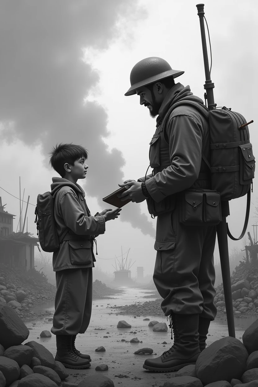 In a sombre and poignant black and white scene, a , with an expression of tenderness and hope, extends a book to a soldier in the middle of a devastated battlefield. the boy, with simple and worn clothes, It seems to contrast with the harshness of the war environment that surrounds it.. The soldier, covered in dust and with a look of surprise and gratitude, receives the book with hands marked by conflict. At the bottom, The landscape shows the desolation of war: debris, smoke and destroyed structures, all under a greyish sky that emphasizes the melancholic tone of the image. This scene captures a moment of humanity and hope in the midst of adversity..
