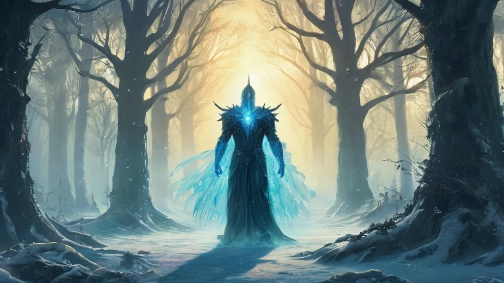 Create a dark medieval fantasy image featuring Kestu, the Guardian of the Frozen Lands, standing in the middle of an ancient, dense forest. Kestu is a towering figure made entirely of glowing blue crystal, radiating an icy aura despite the absence of snow. His massive, crystalline body contrasts with the shadowy, overgrown forest around him, where twisted trees and thick underbrush create an eerie, oppressive atmosphere. The ground is covered with fallen leaves and tangled roots, and faint mist swirls around his feet, freezing in his presence. Kestu's eyes shine with a cold, ethereal light, and his presence brings an unnatural chill to the dark, foreboding woods, where the encroaching night adds to the sense of dread and mystery."