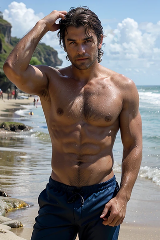 38 year-old Male, white male, tanned skin, handsome, black hair, and stubble beard, deep blue eyes, muscular body and thin, wearing swim trunks, straight nose, oval face, canadian, his hair is below his ears, tousled messy hair badass, wet hair at the beach, with girlfriend, the woman has curly hair and wears a bikini