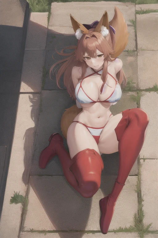 masterpiece, best quality, beautiful art, high resolution, well formed hands, body and fingers, 1 woman, solo, Tamamo No Mae, fox ears and fox tail, 31 years old, full body picture, grown up, adult, large and big breasted, cleavage, hair ornament, wearing a Tyris Flare outfit ,  white_bikini, tyris_flare_cosplay,  full body, sexy and skimpy  bikini, gorgeous  hips, legs and thighs bouncing breasts, red boots, ryona , in peril, she is being beaten up by her opponent, she is knocked down and she is slapped in the face , she is pushed against the wall, being humiliated by her opponent, receiving the impact of her opponent's attacks, she is dizzy and exhausted, looking at the viewer with anxiety and fear, being at the edge of defeat, heroine in peril, ryona scene 