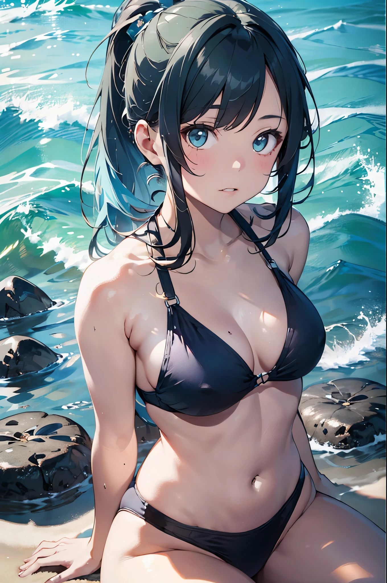 4K,8k,High resolution,
One beautiful young woman,Light blue hair、ponytail、
(Soft Saturation:1.3), (Fair skin:1.2),
(ultra-Detailed Background, Detailed Background), Bokeh,
break'Smiling portrait.,
When viewed from the front, The composition is symmetrical,
Looking straight at you with serious eyes,
break Swimwear, Strap Bikini, Center of chest,
Outdoor, Sea surface, null, sunlight,Summer beach, Sandy Beach,
Strong light, Front lighting,
(:1.3), (Cowboy Shot:1.2),
Front brake angle,
View your viewers,
Dynamic pose,
sitting on the beach
Seaweed、Seaweed、Seaweed、Seaweed、Seaweed、Seaweed、Seaweed、