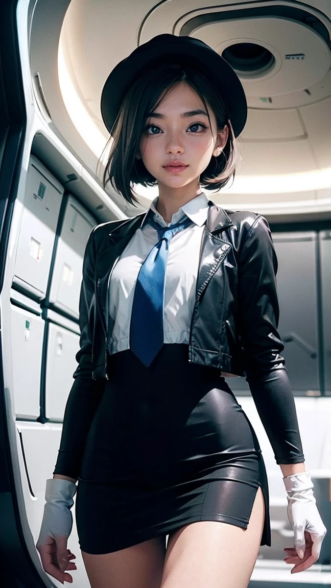 2 days, Masterpiece, best quality, anime, Highly detailed face, Highly detailed eyes, highly detailed background, perfect lighting, cowboy shoot, 1 girl, alone, Aki Rosenthal, Collar dress, short dress, short sleeve, blue jacket, black thighs, single hair, long hair, Low Twintails, bob cut, necktie, hat, white gloves, elbow gloves, wide hips, smile, stand, inside a spaceship 