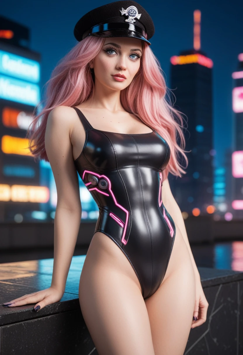 (masterpiece: 1.4), (best quality: 1.4), (nonsense: 1.4), pin-up, , Poison_long_hair_aiwaifu, Poison_long_hair_aiwaifu, spiky hair, hat, big hair, very_long_hair, pink hair, pink_hair, big_hair, ((black swimsuit, black clothes, cyberpunk clothes, cybernetic clothes, city in the background))