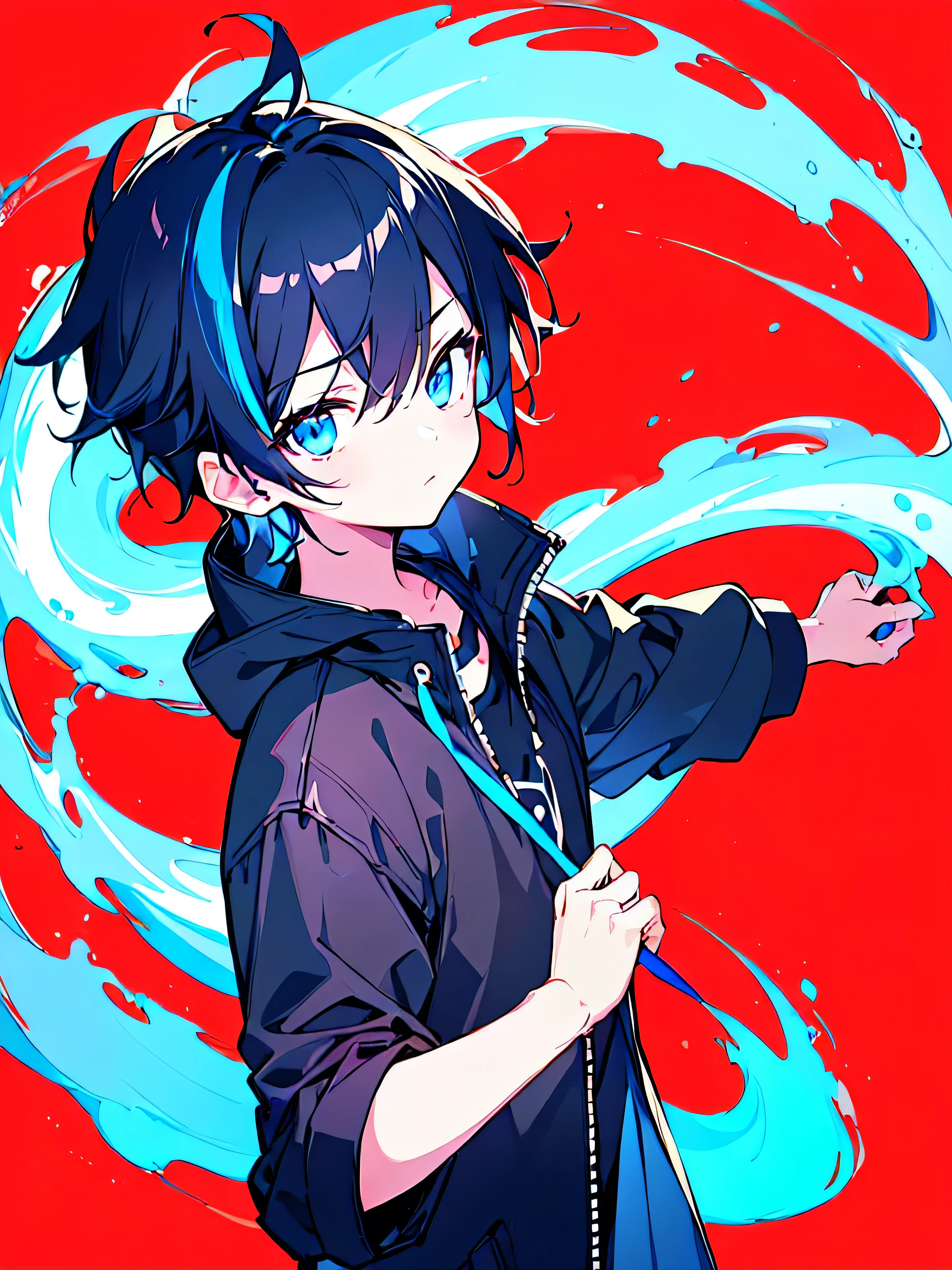 [(RED BACKGROUND:1.5),::5], ((((masterpiece)))), high quality, ultra very high resolution, full color, (((solo))), ((little boy)), BLACK short hair, ((Blue streaked hair)), (oriental deepblue eyes), anime, ((upper body)), Summer clothes, neon light, black parka, glaring