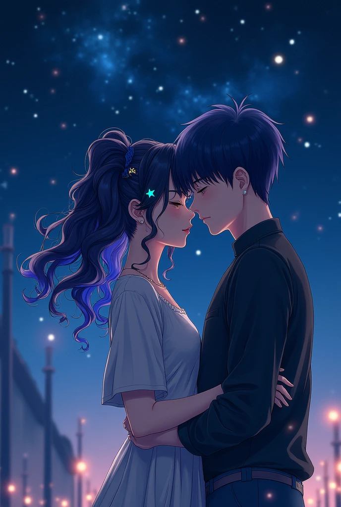 Man and woman couple, couple, walking under the stars, at night, a little stuck, 1 girl, Layla, twin curly ponytail, two color hair, colored edge hair, star decoration for your hair, blue hair, with black outline, closed eyes, 1 chico, Scaramouche, dark blue hair with a hint of violet, hime haircut, bowl haircut, close up