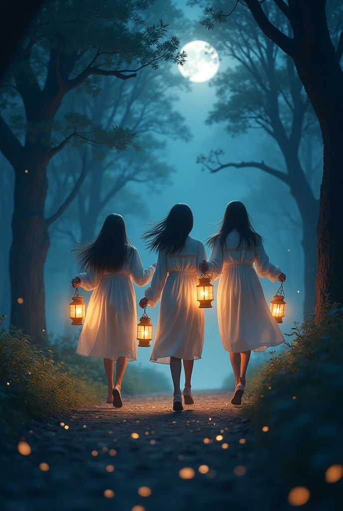 Its night in the forrest and the light of moon hiding in the woods, the photo has a wide range of scope from the scenery, a group of girls wearing night dress running excitedly with their lights, the shot looks like far from them, it looks quiet and magical