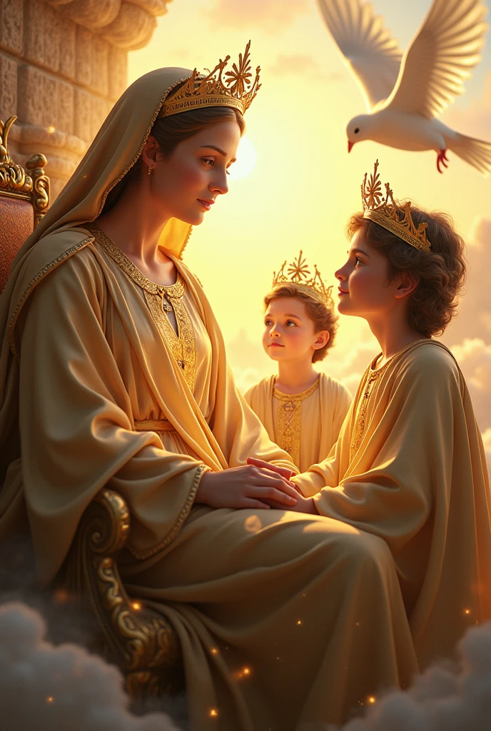 (photorealism:1.2), beautiful virgin Mary, handsome Jesus Christ and handsome 7  Jesus, sitting in the throne each of them in the kingdom of god that full of clouds, the light of their crowns and hearts spreading all over, wearing the gold color of a king, queen and prince, the crown of lights, real beautiful faces, real nice hair, real face, heaven outdoors that full of clouds, brighter lighting, five fingers, clouds and many doves in the background, stars and sunlight, beautiful heaven of paradise, relaxed pose, realistic, intricate details, bright and warm colors, 