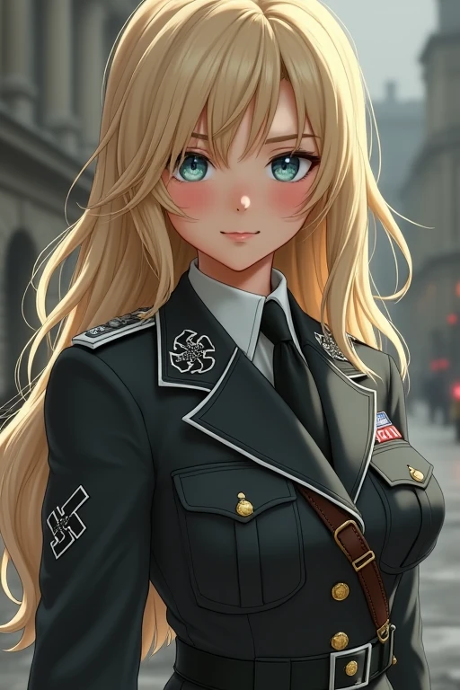 1 girl, breasts, blue eyes, blond hair, German SS military uniform