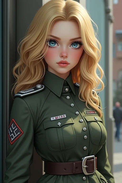 1 girl, breasts, blue eyes, blond hair, German SS military uniform
