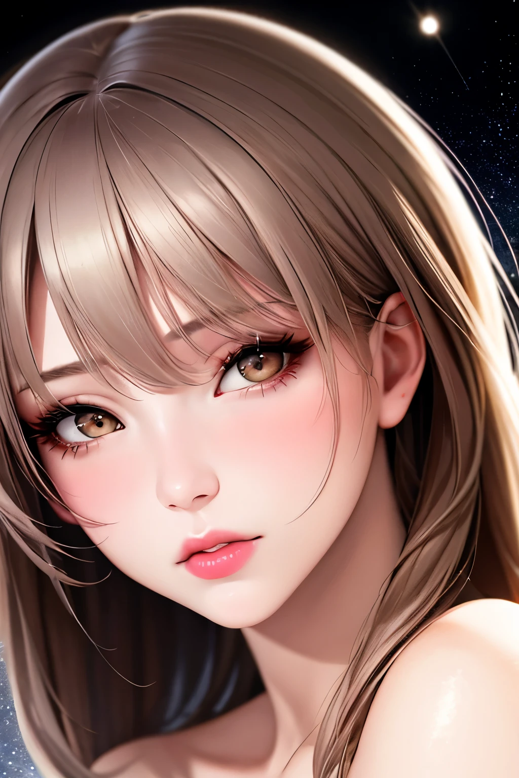 1girl, beautiful face, ((white eyes)), sexy pose, Red moon in the background, stars, space, (lightroom:1.13), soft light, (natural skin texture:1.2), (hyperrealism:1.2), sharp focus, focused,[[realistic]]