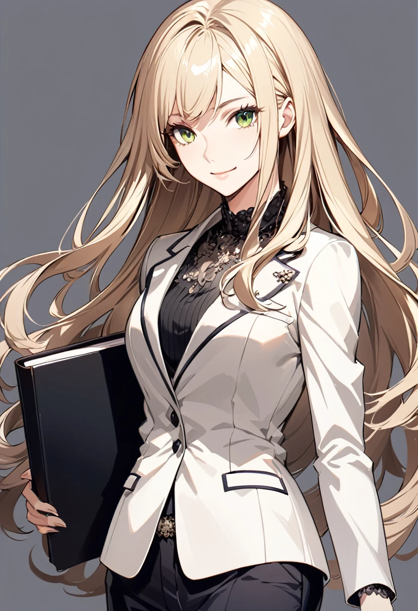 Character Design Prompt:
"Amelia Noah, a stylish and sophisticated woman in her mid-20s. She has dark blue, long straight hair with slight curls at the ends, and green eyes. She wears a chic, modern outfit including a silk blouse, slim pants, and a tailored jacket. Her demeanor is calm, collected, and intellectually sharp, with a warm and approachable presence. She has a professional yet friendly aura, embodying a blend of elegance and practicality."
Additional Details:
Expression: Thoughtful and considerate, with a slight smile.
Pose: Standing confidently with a relaxed posture, perhaps holding a book or a clipboard.
Background: A simple, elegant background suggesting a professional environment, such as an office or library.
Style: Clean lines and detailed features, with a focus on creating a polished, modern look.
Style Reference: Modern anime with a realistic touch.