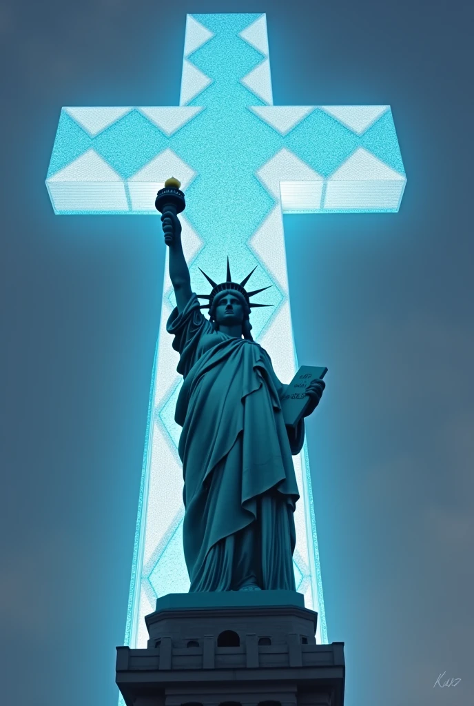 statue of liberty hands crossed on his shoulders and big cross behind him with blue and white diamond on the statue