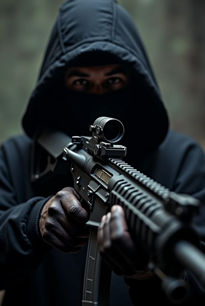 A close up of a person wearing a black hood and m416 in her hands