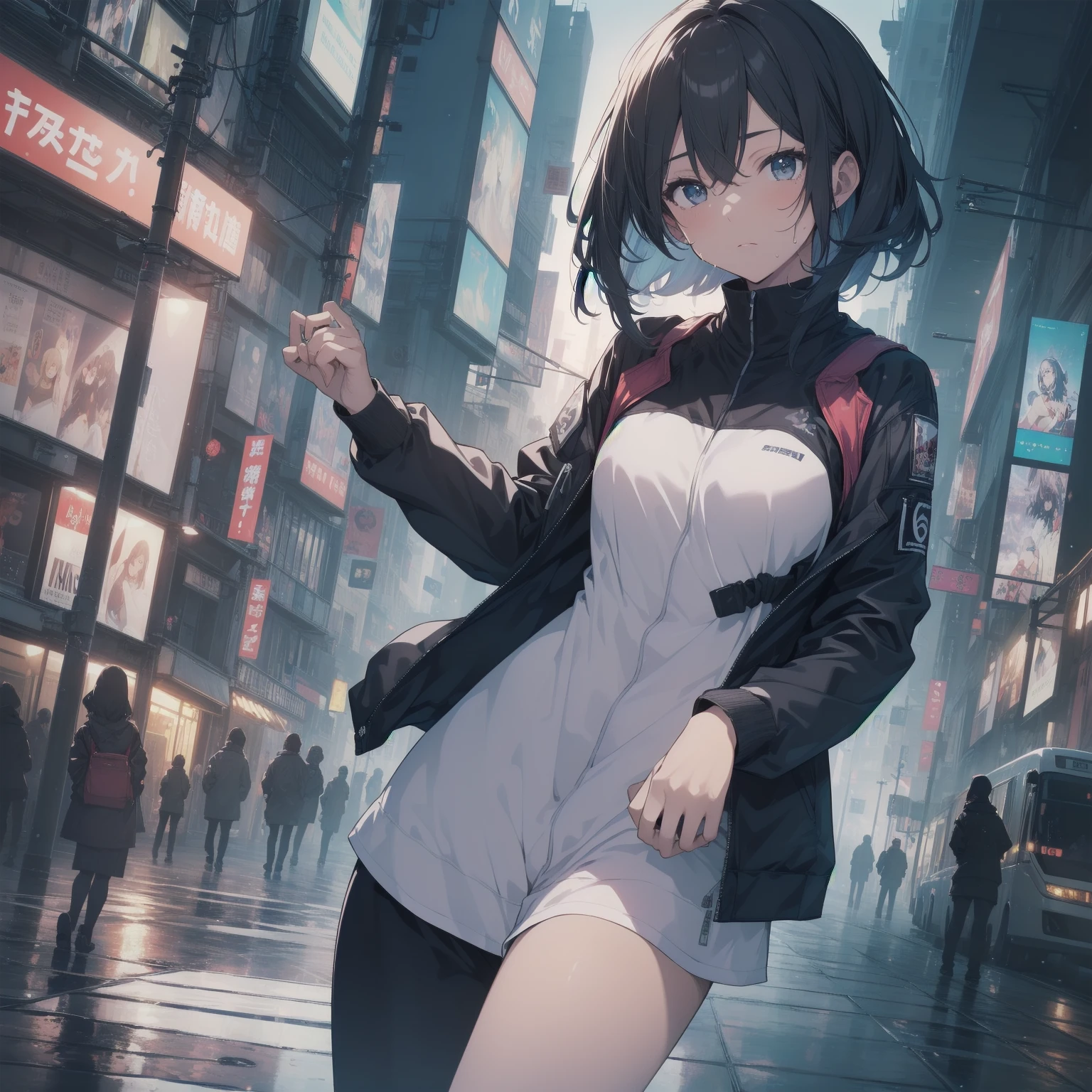 ultra-absurdres-Top quality by artist God, ultra-detailed, high resolution, anime moe artstyle, best anime 8k konachan wallpaper, pixiv contest winner, pool:2810, perfect anatomy,break, 1girl, (Please draw a girl dynamic action sleepily to skyscraper alone. )break,(Solo,little female, 16-year-old:1.3),Full limbs, complete fingers, cyberpunk, (very short hair), pixie cut, large breasts, groin, butt, small black eyes, beautiful detailed eyes, well-proportioned iris and pupils, expressive eyes, highres detailed hair, expressionless, sweat, bodysuit, plugsuit, (Detailed Lighting), (Detailed background), in the cityscape. break,super detailed skin, Best cinematic lighting powered by famous artist, 8k,sexual illustration,photoshop_(medium),very aesthetic,break,((artist:izumi_tsubasu )), artist:clamp ,artist:carnelian ,artist:kantoku ,
