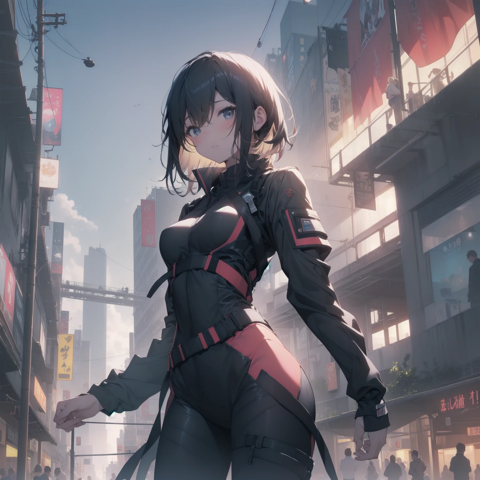 ultra-absurdres-Top quality by artist God, ultra-detailed, high resolution, anime moe artstyle, best anime 8k konachan wallpaper, pixiv contest winner, pool:2810, perfect anatomy,break, 1girl, (Please draw a girl dynamic action sleepily to skyscraper alone. )break,(Solo,little female, 16-year-old:1.3),Full limbs, complete fingers, cyberpunk, (very short hair), pixie cut, large breasts, groin, butt, small black eyes, beautiful detailed eyes, well-proportioned iris and pupils, expressive eyes, highres detailed hair, expressionless, sweat, bodysuit, plugsuit, (Detailed Lighting), (Detailed background), in the cityscape. break,super detailed skin, Best cinematic lighting powered by famous artist, 8k,sexual illustration,photoshop_(medium),very aesthetic,break,((artist:izumi_tsubasu )), artist:clamp ,artist:carnelian ,artist:kantoku ,