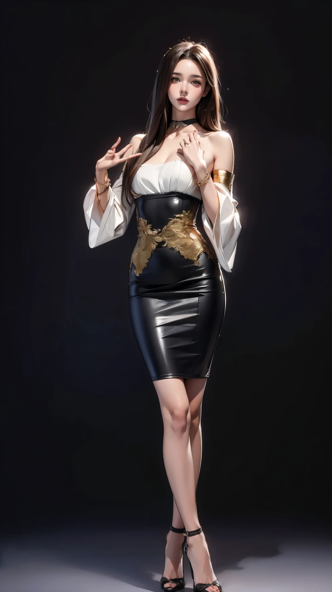 ((best quality, 4k, highres, masterpiece:1.2)), ((character concept art)), ((Minatoku-Joshi)), 1girl, beautiful detailed eyes, beautiful detailed lips, extremely detailed face, long eyelashes, voluminous hair, modern Japanese elegance, wearing A sleek off-the-shoulder silk blouse with intricate embroidery and a deep neckline, A high-waisted bodycon leather skirt, Designer stiletto heels with gold accents, A statement diamond choker and matching bracelet, high-quality accessories, soft lighting, dramatic shadows, cinematic feel, high-quality, photorealistic, digital painting, chiaroscuro, warm color palette, ((intricate detail)), super finely detailed hands, ultra finely detailed fingers (((ten fingers))), (standing elegantly), (full body showcase), (show full body), (no logos on background), (no logo), ((plain background)), ((plain background)), (((empty background)))

