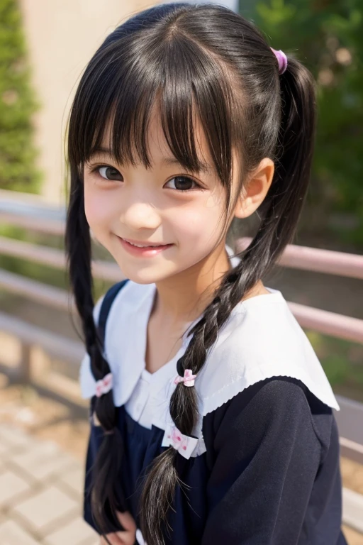 cute, girls, elementary school students, black hair, twin tails, small bust, naked, smile, blush, shiny skin, bandaids on nipples