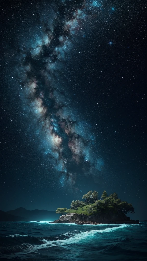 A surreal ocean scene under a night sky filled with galaxies, planets, and cosmic dust. The water reflects the colors of the nebulae above, with waves that seem to glow. In the distance, there's a lone island with a large, ancient tree, its leaves shimmering like stars.