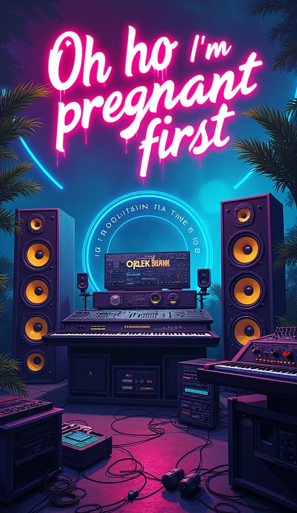 poster with large speakers and musical equipment in the background, neon blue color scheme, big text "Oh ho I'm pregnant first" in the top left corner, large sound waves coming from speakers, black white yellow green orange purple pink red palette, in the style of photorealistic, in the style of hyper realistic. 30locent disco", background of huge speakers, keyboard and audio equipment in the foreground, neon lights, vector graphics, bright colors, neon blue light effect, musical theme, logo for DJ club "Girlz tasting techno". Vector illustration. A poster with a big sound system, dj music festival flyer or party flyer template design, in the style of ultra realistic photography