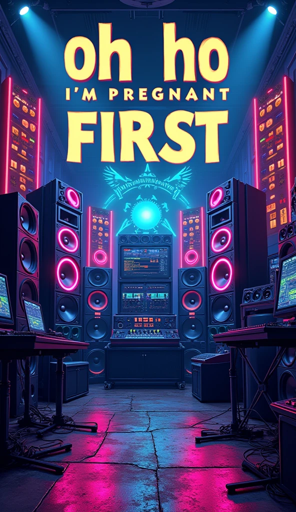 poster with large speakers and musical equipment in the background, neon blue color scheme, big text "Oh ho I'm pregnant first" in the top left corner, large sound waves coming from speakers, black white yellow green orange purple pink red palette, in the style of photorealistic, in the style of hyper realistic. 30locent disco", background of huge speakers, keyboard and audio equipment in the foreground, neon lights, vector graphics, bright colors, neon blue light effect, musical theme, logo for DJ club "Girlz tasting techno". Vector illustration. A poster with a big sound system, dj music festival flyer or party flyer template design, in the style of ultra realistic photography