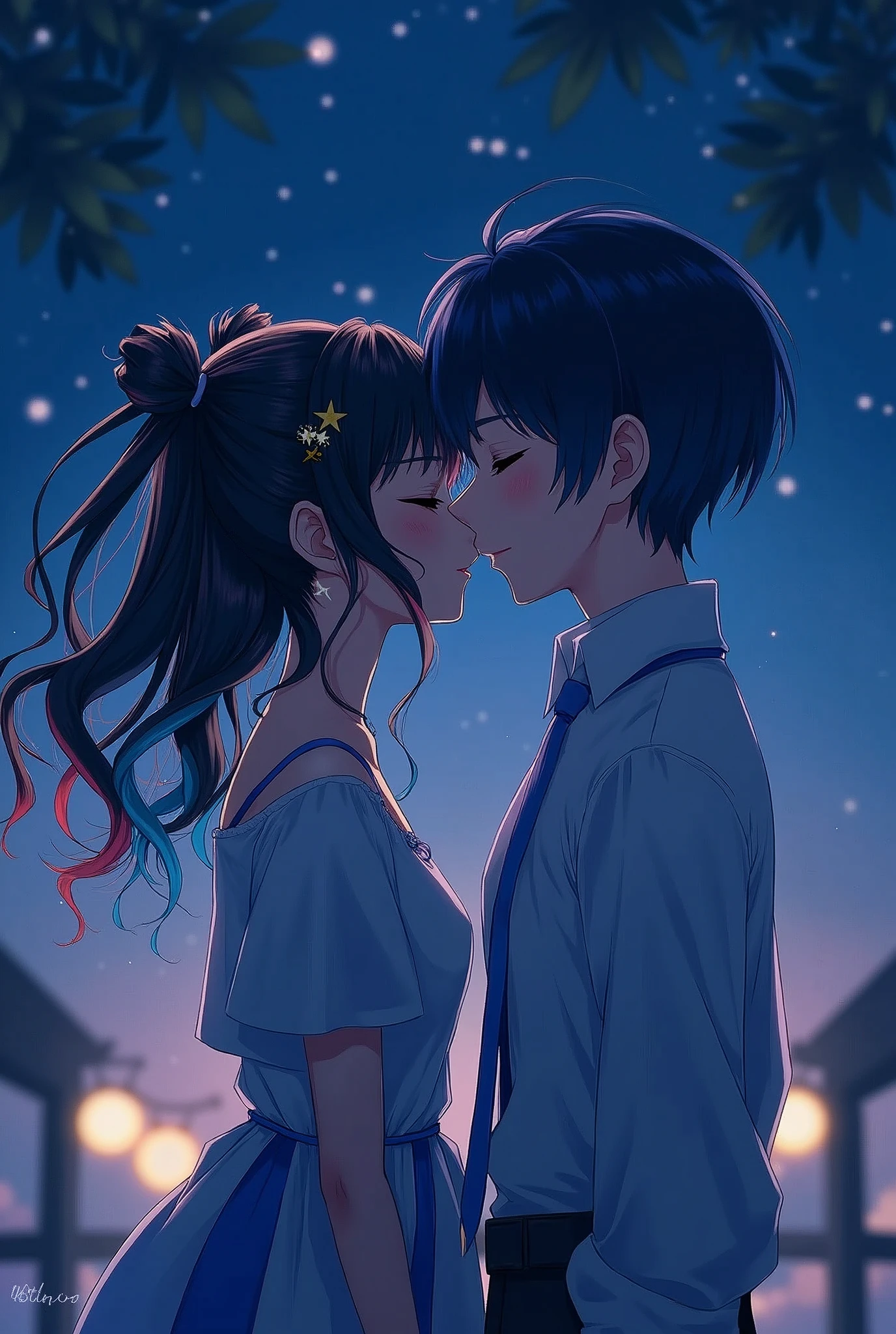 Man and woman couple, couple, walking under the stars, at night, a little stuck, 1 girl, Layla, twin curly ponytail, two color hair, colored edge hair, star decoration for your hair, blue hair, with black outline, closed eyes, 1 chico, Scaramouche, dark blue hair with a hint of violet, hime haircut, bowl haircut, close up