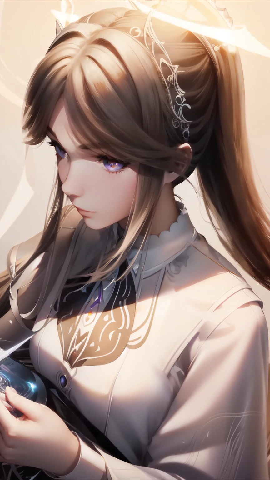 masterpiece,(best quality, illustration,detailed face:1.3),(1girl,solo:1.3),beautiful detailed eyes, apron, gradient_background, gradient, maid, purple eyes,red hair,small breasts,, BREAK, enmaided, white_apron, black_dress, ponytail, black_footwear, frilled_apron, dress, maid_apron, alternate_hair,very long hair, split_ponytail, halo