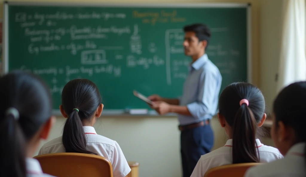 "A high-definition image of an Indian student in a classroom, attentively listening to a teacher who is explaining a math lesson. The student is focused, wearing a school uniform, and the classroom has a blackboard with math equations. The teacher is standing near the blackboard, actively engaging with the class."