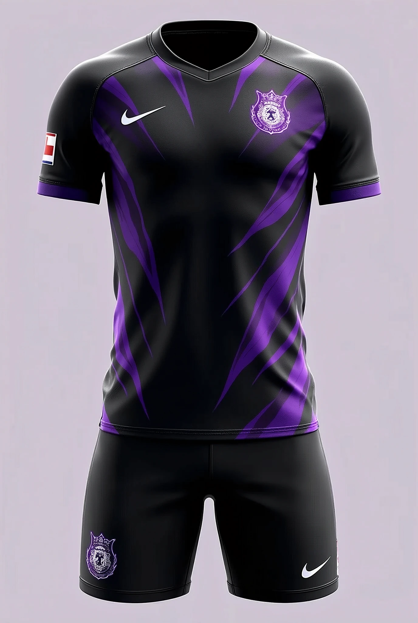 Create a kit of a team named which "Sneaky Royal FC"as logo. It must be aesthetic with the base color black and purple designs.
