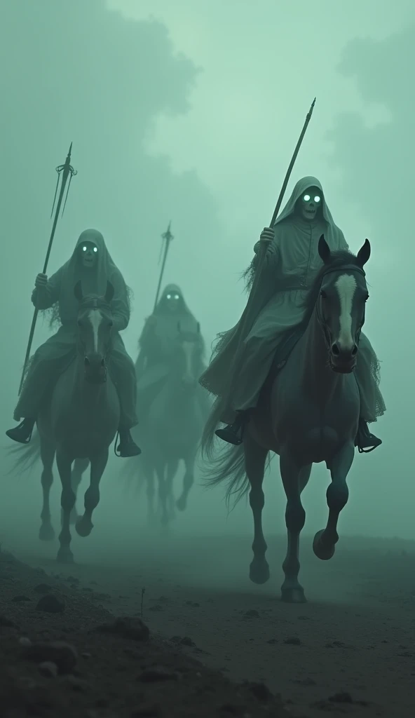 fantasy, horror, four horsemen of the apocalypse emerging from a mysterious fog, an apocalyptic vision of the end of the world, a mysterious fog engulfing everything, Terrifying riders and their horses galloping through the fog and leaving death in their wake,