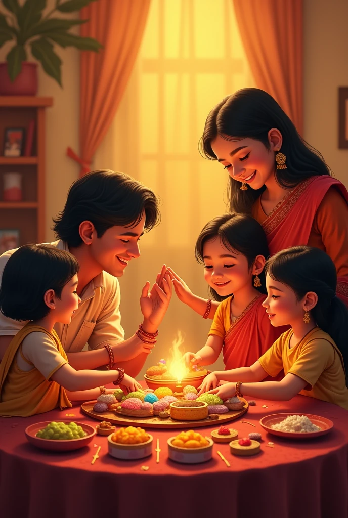 On the festival of Raksha Bandhan, sweets and Rakhis (shiny threads) are kept on the table, happy family