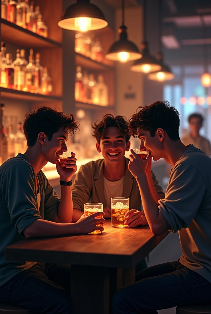 Three boy in the bar drinking drink and smart