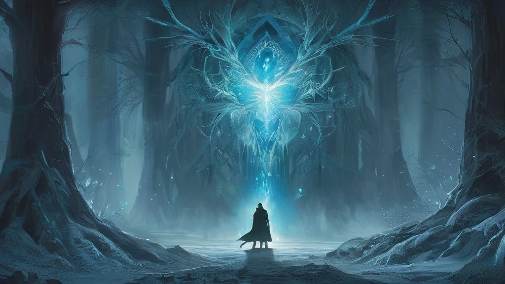 Create a dark medieval fantasy image featuring Kestu, the Guardian of the Frozen Lands, standing in the middle of an ancient, dense forest. Kestu is a towering figure made entirely of glowing blue crystal, radiating an icy aura despite the absence of snow. His massive, crystalline body contrasts with the shadowy, overgrown forest around him, where twisted trees and thick underbrush create an eerie, oppressive atmosphere. The ground is covered with fallen leaves and tangled roots, and faint mist swirls around his feet, freezing in his presence. Kestu's eyes shine with a cold, ethereal light, and his presence brings an unnatural chill to the dark, foreboding woods, where the encroaching night adds to the sense of dread and mystery."