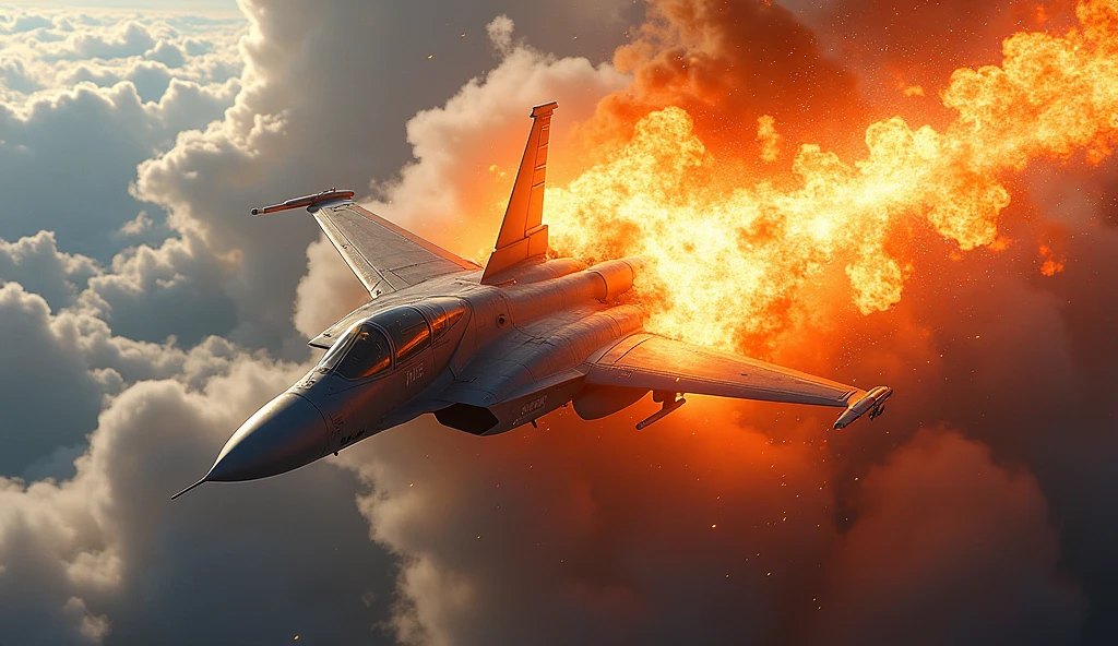 Draw a picture of a fighter jet exploding in the air. Add big fire. Describes a very powerful explosion