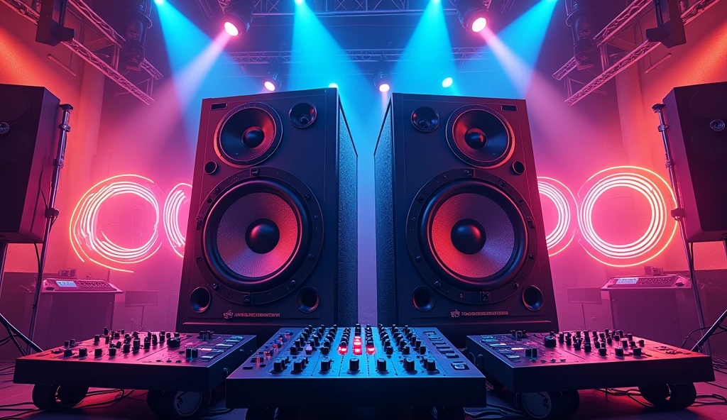 poster with large speakers and musical equipment in the background, neon blue color scheme, big text "Oh ho I'm pregnant first" in the top left corner, large sound waves coming from speakers, black white yellow green orange purple pink red palette, in the style of photorealistic, in the style of hyper realistic. 30locent disco", background of huge speakers, keyboard and audio equipment in the foreground, neon lights, vector graphics, bright colors, neon blue light effect, musical theme, logo for DJ club "Girlz tasting techno". Vector illustration. A poster with a big sound system, dj music festival flyer or party flyer template design, in the style of ultra realistic photography