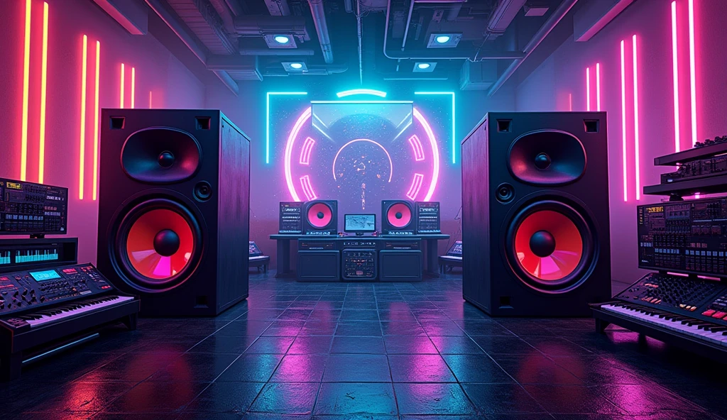 poster with large speakers and musical equipment in the background, neon blue color scheme, big text "Oh ho I'm pregnant first" in the top left corner, large sound waves coming from speakers, black white yellow green orange purple pink red palette, in the style of photorealistic, in the style of hyper realistic. 30locent disco", background of huge speakers, keyboard and audio equipment in the foreground, neon lights, vector graphics, bright colors, neon blue light effect, musical theme, logo for DJ club "Girlz tasting techno". Vector illustration. A poster with a big sound system, dj music festival flyer or party flyer template design, in the style of ultra realistic photography