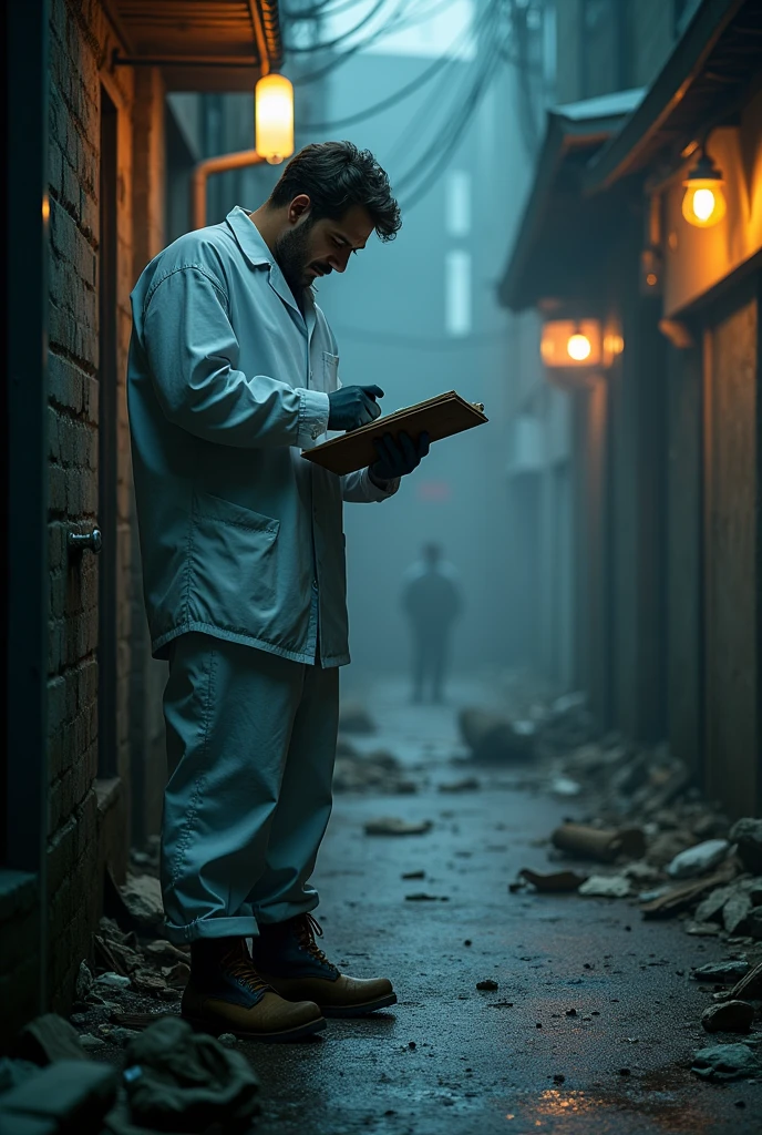 Forensic scientist making a plan outside the crime scene
