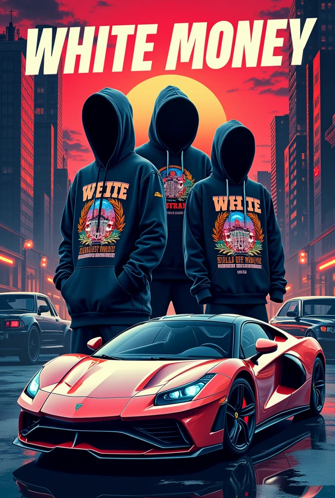Design a modern, urban-themed poster for a streetwear clothing brand called 'White Money.' The poster should showcase key streetwear items such as hoodies, oversized t-shirts, and jackets, emphasizing bold and trendy designs. The clothing should feature intricate graphic elements like logos, text, and images that reflect urban culture, including cityscapes, money symbols, and stylized typography. The overall aesthetic should be edgy and vibrant, with a mix of dark and bright colors to create a visually striking contrast. Incorporate elements like a city skyline, luxury cars, and a modern, artistic vibe that appeals to a young, fashion-forward audience."