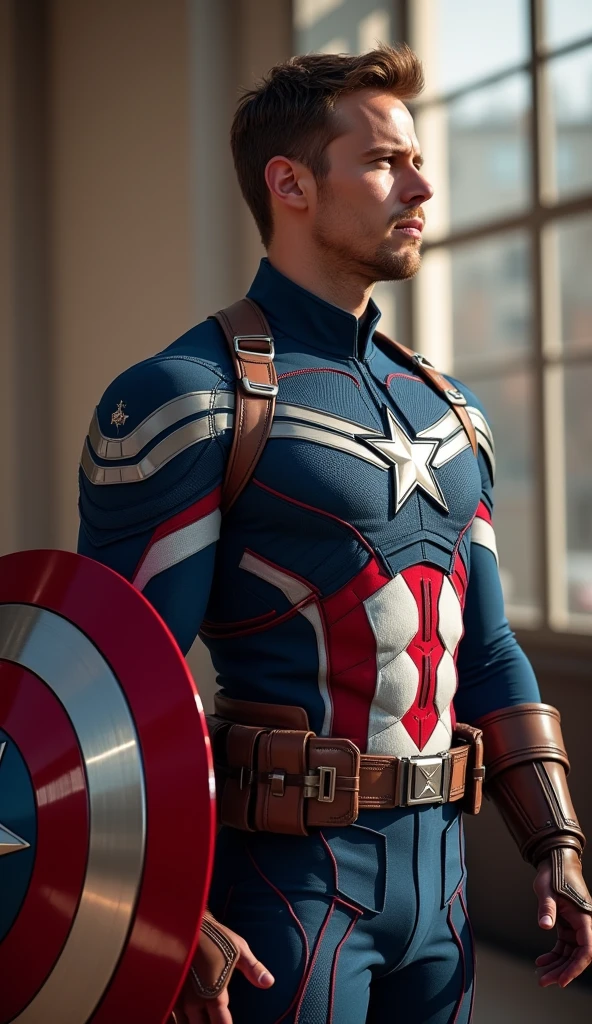 masterpiece, best quality, 8k, highres, ultra-detailed, hyper-detailed, hyperrealistic,tony stark Put on a dress captain america