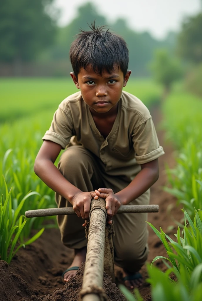 A young boy, dressed in simple, worn clothes, working hard in a lush green field. He is plowing the land with a traditional plow, showing sweat and determination on his face.