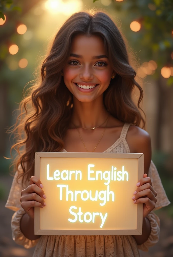 Beautiful girl with heart-warming smile and wavy long hair, bohemian dress, holding a white board with text "learn English Through Story" and showing it to the viewer, the board is glowing with a the text.