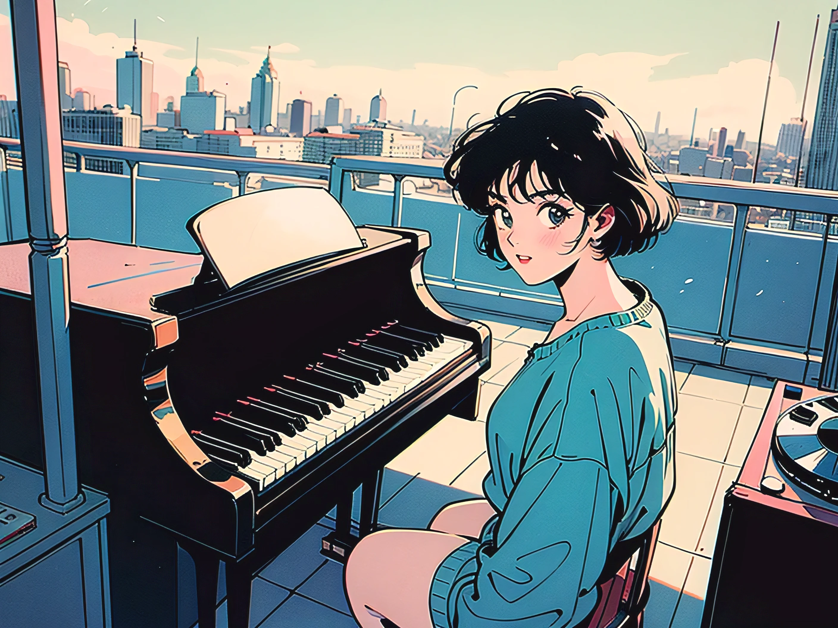 Highest quality,wallpaper,masterpiece,Very detailed,8k,wallpaper,retro,Piano((one)),City Pop,Urban Pop,retroなレコードジャケットのイラスト((landscape)),Piano弾く女性,Overlooking,stage