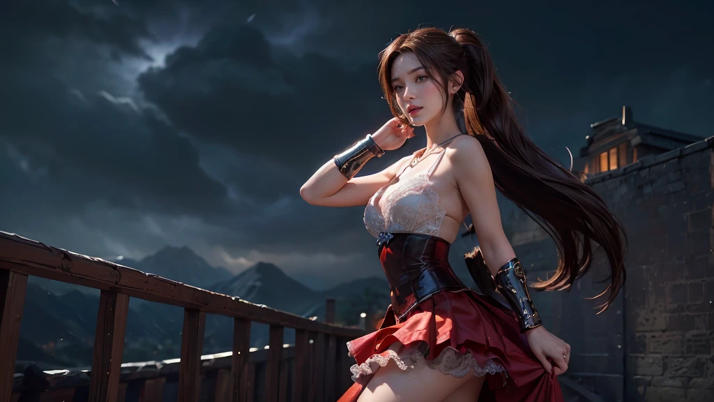 masterpiece,Game Art,Best picture quality,Maximum resolution,8k,(Upper Body,ambush),Unreal Engine 5 rendering works,Ray Tracing,RAW photos,(((Mai Shiranui character))), (((Brown hair color))), ((High Ponytail Hairstyle)), Enjoy the scenery, Focus on the Horizon, (((Perfect eyes))), (((Smile))), 21-year-old girl, Perfect body, (((Perfect anatomical structure))), Tosca Eye Color, Double eyelids, (((Small breasts))), Very detailed skin texture, (Realistic skin), Ultra-fine face, Delicate lips, (((Delicate eyes))), (((Double eyelids))), necklace, Moist skin, Wet hair, Simple background, (Front focus), (On the peaks:1.2), (((Night Atmosphere))), Deep Dark, Surrealist Portraits of Women by David Hockney and Alphonse Mucha, Fantasy Art, (((Photo-realistic))), ((Dynamic poses)), (((World Model Poses))), Dynamic Lighting, Art Station, poster, Volumetric Lighting, Very detailed faces, 4K, in the darkness, (((Night Atmosphere))), ((Deep Shadows)), Low profile, Cowboy shooting, (((Red long skirt))), Lighting Dress, (((Erotic lace dress))), (((stocking))),((3D Unreal Engine)),OC rendering reflection mode