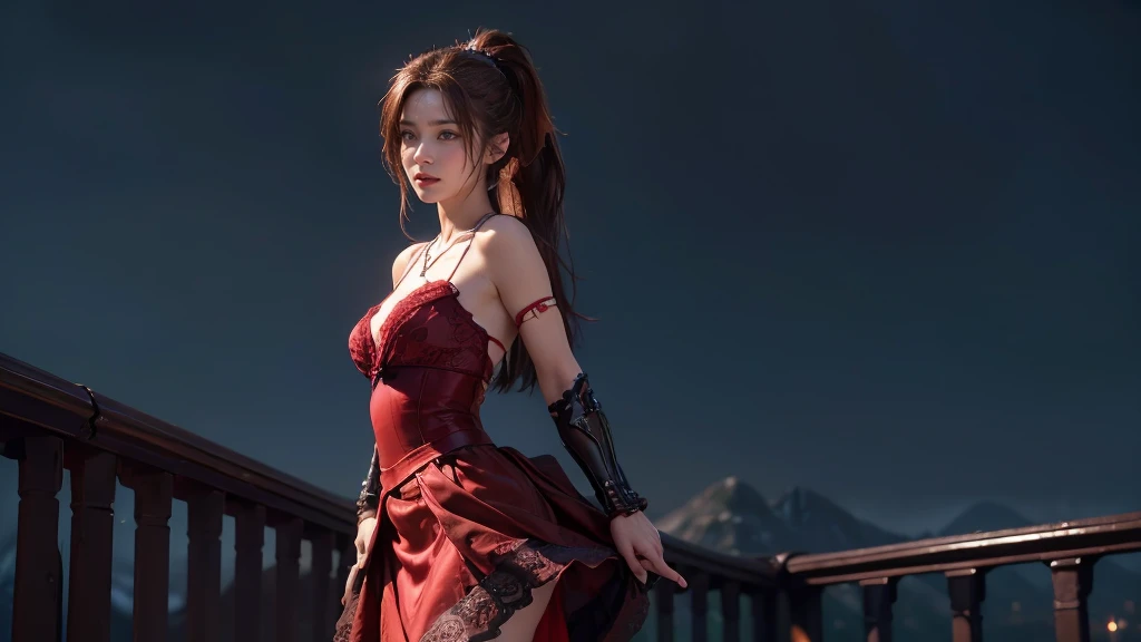 masterpiece,Game Art,Best picture quality,Maximum resolution,8k,(Upper Body,ambush),Unreal Engine 5 rendering works,Ray Tracing,RAW photos,(((Mai Shiranui character))), (((Brown hair color))), ((High Ponytail Hairstyle)), Enjoy the scenery, Focus on the Horizon, (((Perfect eyes))), (((Smile))), 21-year-old girl, Perfect body, (((Perfect anatomical structure))), Tosca Eye Color, Double eyelids, (((Small breasts))), Very detailed skin texture, (Realistic skin), Ultra-fine face, Delicate lips, (((Delicate eyes))), (((Double eyelids))), necklace, Moist skin, Wet hair, Simple background, (Front focus), (On the peaks:1.2), (((Night Atmosphere))), Deep Dark, Surrealist Portraits of Women by David Hockney and Alphonse Mucha, Fantasy Art, (((Photo-realistic))), ((Dynamic poses)), (((World Model Poses))), Dynamic Lighting, Art Station, poster, Volumetric Lighting, Very detailed faces, 4K, in the darkness, (((Night Atmosphere))), ((Deep Shadows)), Low profile, Cowboy shooting, (((Red long skirt))), Lighting Dress, (((Erotic lace dress))), (((stocking))),((3D Unreal Engine)),OC rendering reflection mode