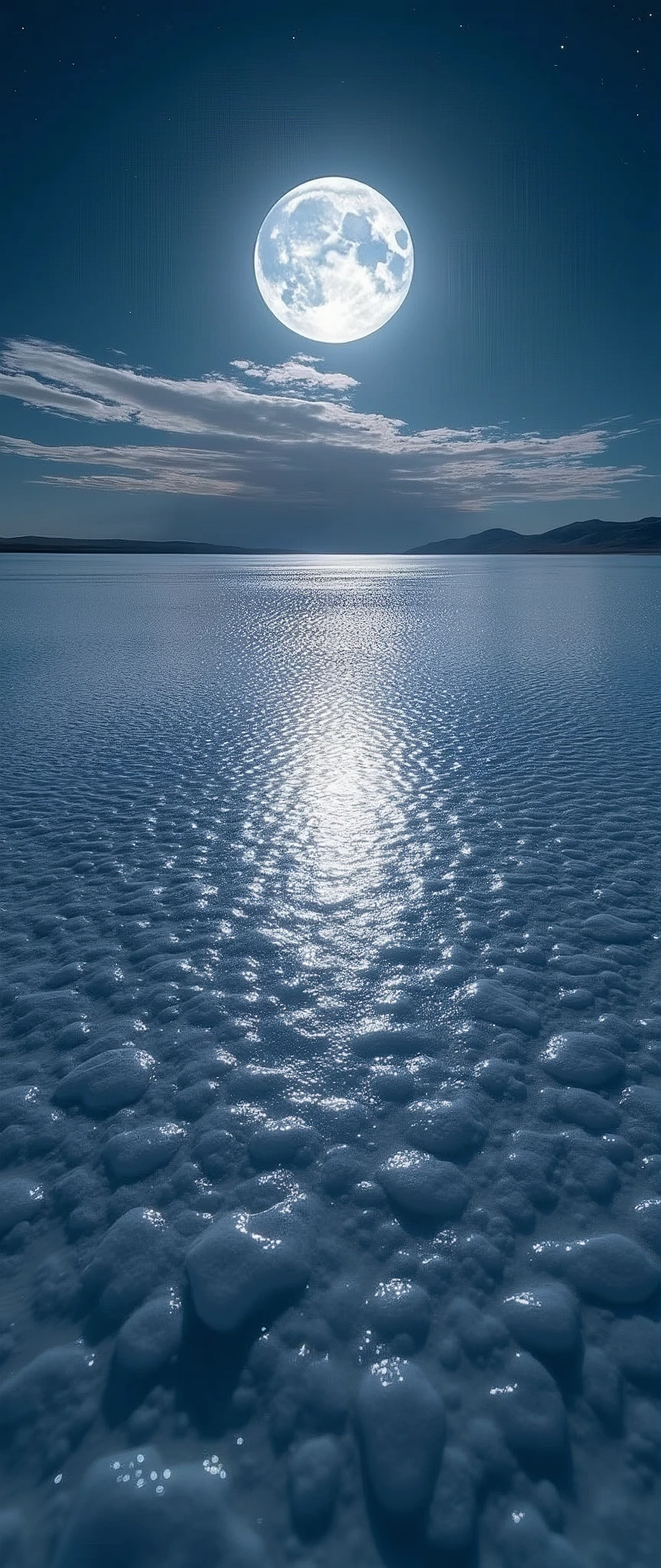 (masterpiece:1.2,Highest quality,Ultra-high resolution,Very detailed,Realistic,RAW Photos:1.2,Elaborate photos),8k,wallpaper,(Ray Tracing),Bolivia,Uyuni salt lake,The flattest place in the world,(A majestic salt lake,Drawing a beautiful and endless water surface,Diffuse reflection of light),(A photograph capturing the magnificent scenery reflected on the water's surface:2.0),Midnight,moon,水面の映る美しいmoon